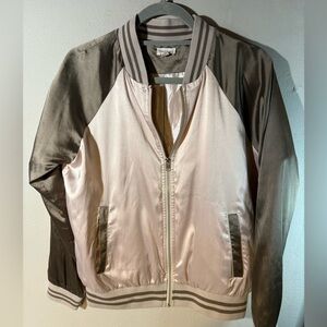 hem & thread Baseball or Bomber Type Jacket Brown and Tan Colorblock Satin
